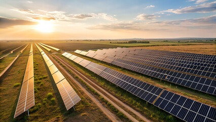 Solar Panels in Solar Farm Generating Renewable Energy &ndash; Photovoltaic Technology Concept for Clean, Sustainable and Green Energy Solutions Supporting Environmental Protection and Global Warming Reduct