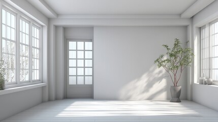 Fototapeta premium Bright and Minimalist Interior Room with Large Windows and Green Plant in Modern Design Style