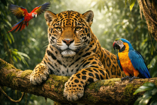 Jaguar majestuoso en selva tropical, leopardo sobre rama de &aacute;rbol con guacamayos coloridos, fauna ex&oacute;tica del Amazonas en h&aacute;bitat natural