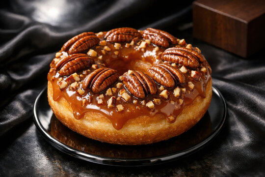 Dona gourmet con glaseado de caramelo y nueces pecanas, rosquilla artesanal dulce sobre fondo de seda negra, reposter&iacute;a de lujo para publicidad