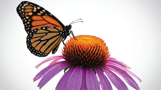 Monarch butterfly on purple coneflower with orange center in garden