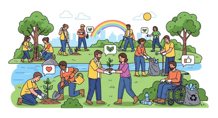 Obraz premium People of different abilities planting trees and recycling in a park with a rainbow