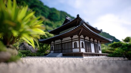 Obraz premium Traditional Japanese temple nestled amidst lush greenery and serene landscape
