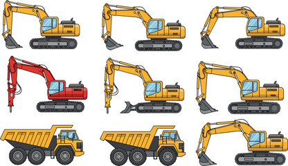 Excavator and dump truck construction machinery collection with different digging equipment, detailed vector illustration isolated for heavy industry, engineering work and construction site operations © Gita