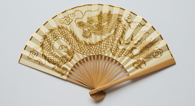 真っ白な背景に躍動感あふれる金色の龍が力強く描かれた美しい竹製の伝統扇子 繊細な骨組みと鮮やかな装飾が融合し和の趣きを伝える優雅な工芸品. AI Generated