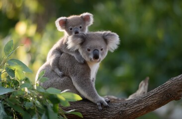 Adorable koala duo perched on lush green eucalyptus branch in sunlight