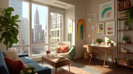 Fototapeta premium Cozy Modern Living Room with City View and Artistic Decor in Bright Sunlight and Stylish Furniture
