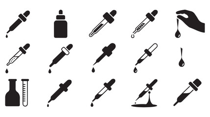 Obraz premium Set of black and white dropper icons, pipette with liquid drop, medicine bottle, test tube and hand