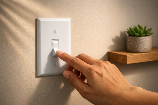 Interruptor de luz blanco en pared beige, mano presionando interruptor el&eacute;ctrico, concepto de ahorro de energ&iacute;a y dom&oacute;tica en el hogar