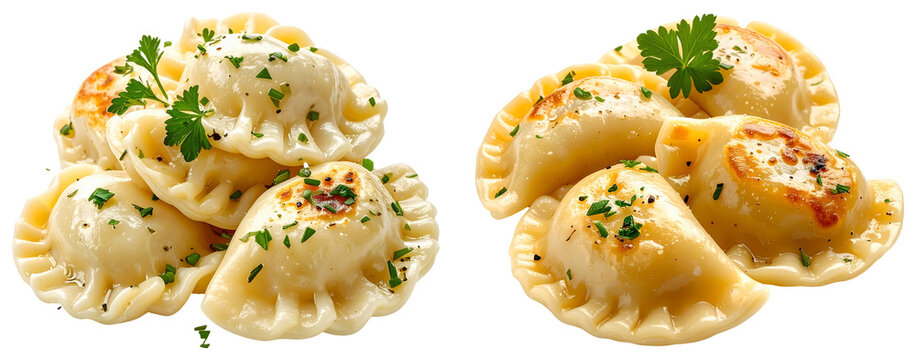 pile of pan fried pierogi dumplings garnished with fresh chopped green parsley seasoning isolated on transparent background. PNG die-cut for advertising