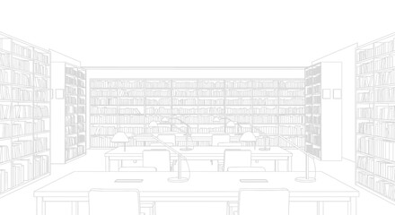 Fototapeta premium Minimalist line drawing of a spacious library interior with numerous bookshelves and study tables.