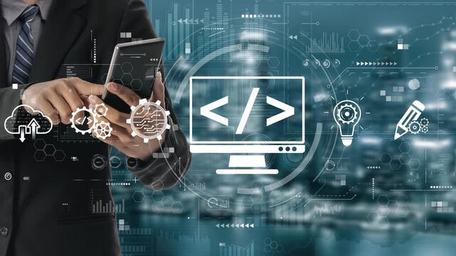 Modern web development concept featuring coding symbols, web development process, web development interface, and web development tools with futuristic design. Muxer