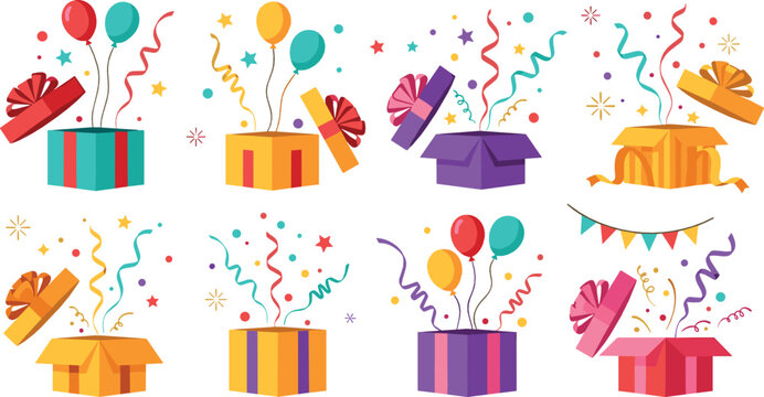 Surprise gift boxes opening with balloons, confetti and ribbons, festive celebration present cartoon illustration set for birthday party and holiday design