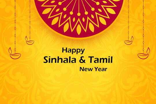 Sinhala and Tamil New Year Wishes Greeting Card Design with Traditional Elements