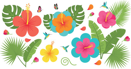 Tropical hibiscus flowers and jungle leaves with butterflies and hummingbirds colorful exotic botanical vector illustration set © MdNazmul