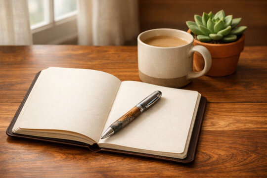 Cuaderno abierto con p&aacute;ginas en blanco sobre escritorio de madera, taza de caf&eacute; y planta suculenta, concepto de diario y planificaci&oacute;n creativa