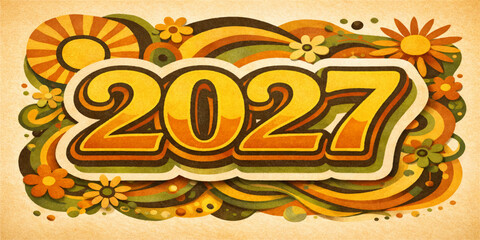 Fototapeta premium Retro Floral 2027 Groovy New Year Design in Vintage 70s Style