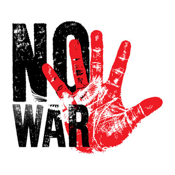 No War Protest Symbol with Red Handprint and Peace Dove