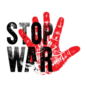 Stop War &ndash; Red Handprint Protest Symbol with Peace Dove