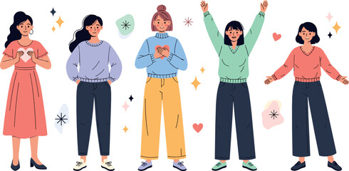 Women expressing different emotions and body language poses, modern female characters showing love, confidence, excitement and happiness illustration set © MdNazmul