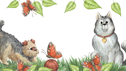 A watercolor frame featuring a cute husky and a curly terrier playing ball on the lawn. The frame is perfect for pet-themed designs, such as websites for pet stores and veterinary clinics. © Anna Bastron