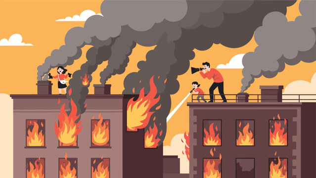 Dramatic scene of a city building engulfed in fire with smoke billowing as journalists and a child witness observe the disaster.