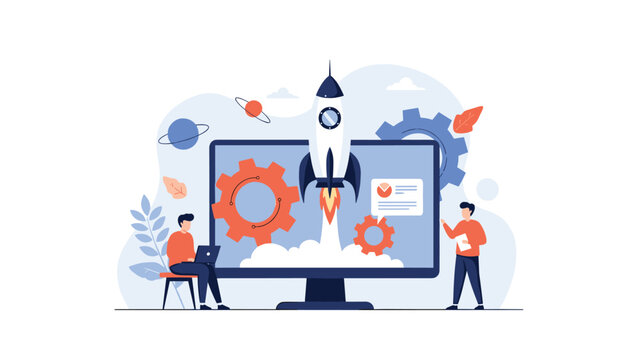 Creative business start-up concept with a rocket launching from a computer screen surrounded by gears, planets, and ambitious professionals.
