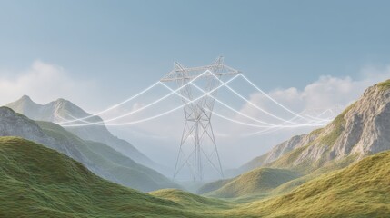 Renewable Energy Landscape with Power Lines and Mountains under Bright Sky and Fluffy Clouds for Eco-Friendly Projects