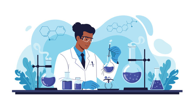 Professional female scientist in a white coat conducts careful chemical experiments using colorful liquids and glass flasks in a research laboratory.