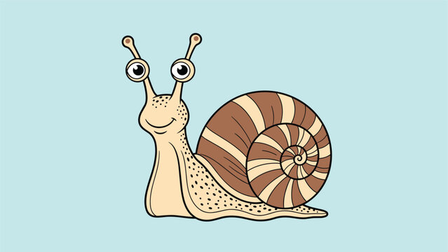 Cute cartoon snail with a large brown and beige spiraled shell and a friendly smiling face crawls slowly across a light blue background surface.