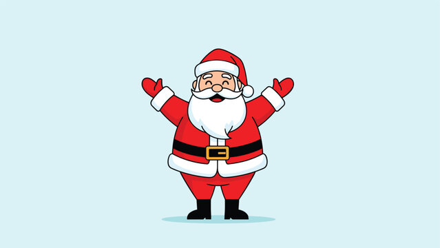 Cheerful cartoon Santa Claus with a big white beard and a red suit stands with his arms open wide in a friendly and welcoming holiday greeting.