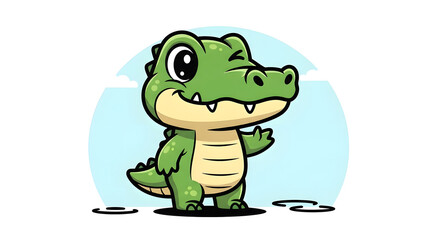 Fototapeta premium A cute and friendly green alligator character standing and waving with a big smile and large eyes
