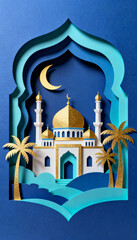 3D Paper Cut Style Ramadan Graphic with Mosque and Palm Trees in Blue and Gold