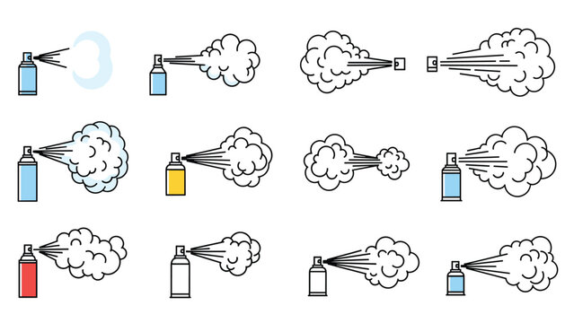 Collection of colorful spray can icons with various mist and cloud patterns for painting, cleaning, or cosmetic use.