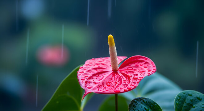 Exotic tropical blooming plant with vibrant waxy spathe and yellow spadix glistening under soft rainfall in a lush green garden environment