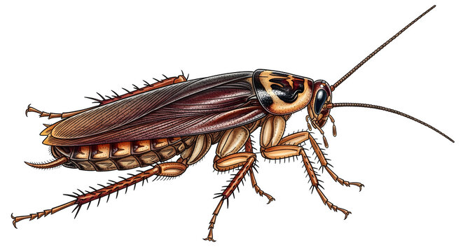 A detailed biological profile of a German cockroach showing its legs and antennae on a plain background