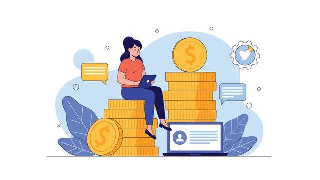 Professional woman sitting on large stacks of gold coins and working on a laptop while managing her financial business.