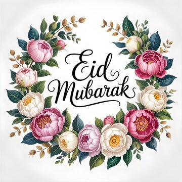 Eid Mubarak Floral Wreath with Peonies Roses and Gold Eucalyptus on White Background