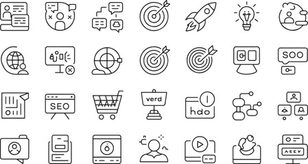 Fototapeta premium Collection of business strategy and digital marketing icons illustrating concepts like goals and growth