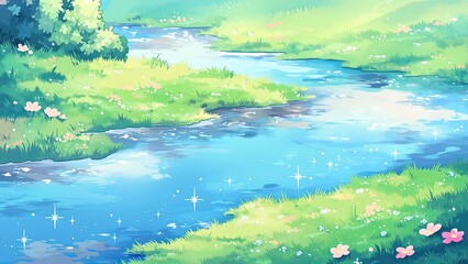 Fototapeta premium 花咲く草原を流れる小川 春の自然風景イラスト背景
