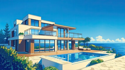 Fototapeta premium 海を望むプール付きモダン邸宅 高級リゾート住宅の外観イラスト
