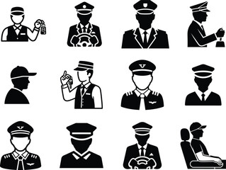 Collection of various pilot and driver silhouettes and icons in different poses © Saidurra12