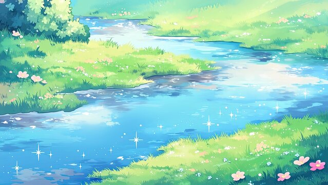 花咲く草原を流れる小川 春の自然風景イラスト背景