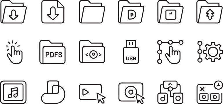 Collection of digital interface icons representing folders files downloads uploads and user interaction elements isolated on transparent background