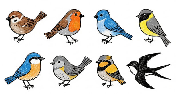 Hand drawn spring birds crayon vector set with colorful cute bird illustrations
