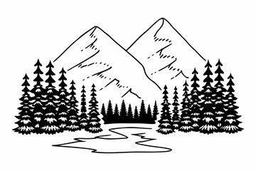 Fototapeta premium A captivating hand-drawn vector illustration showcasing majestic mountains overlooking a dense evergreen forest and a tranquil winding river scene.