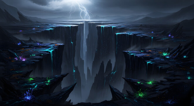 Huge dark chasm with glowing blue details and lightning striking in the distant stormy sky