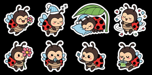 Naklejka premium This adorable kawaii ladybug sticker set, a charming vector and svg collection, features cute insect characters perfect for children's crafts