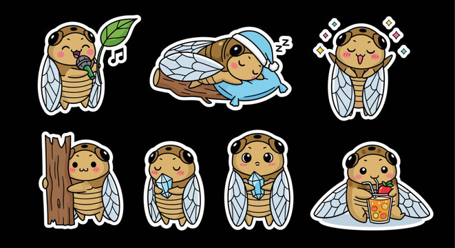 Discover this delightful kawaii sticker set featuring charming vector SVG illustrations of cute cicadas enjoying various happy activities and playful moments, perfect for your creative projects