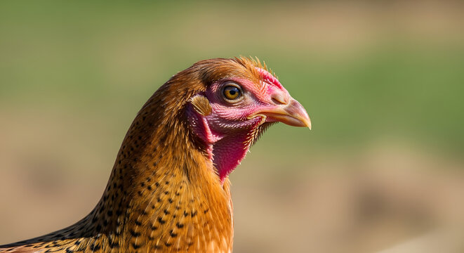Side profile of a brown chicken with a distinctive featherless neck area against a soft green background